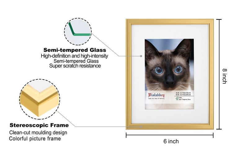 VIOLABBEY 6x8 Picture Frame Set of 4, Light Gold Photo Frame, Display 4x6 Photo with Mat and 6x8 without Mat, Wall or Tabletop, HD Real Glass - Image 3